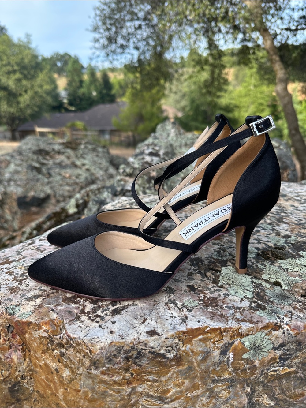 Elegant Black Satin Pointed-Toe Ankle-Strap Heels